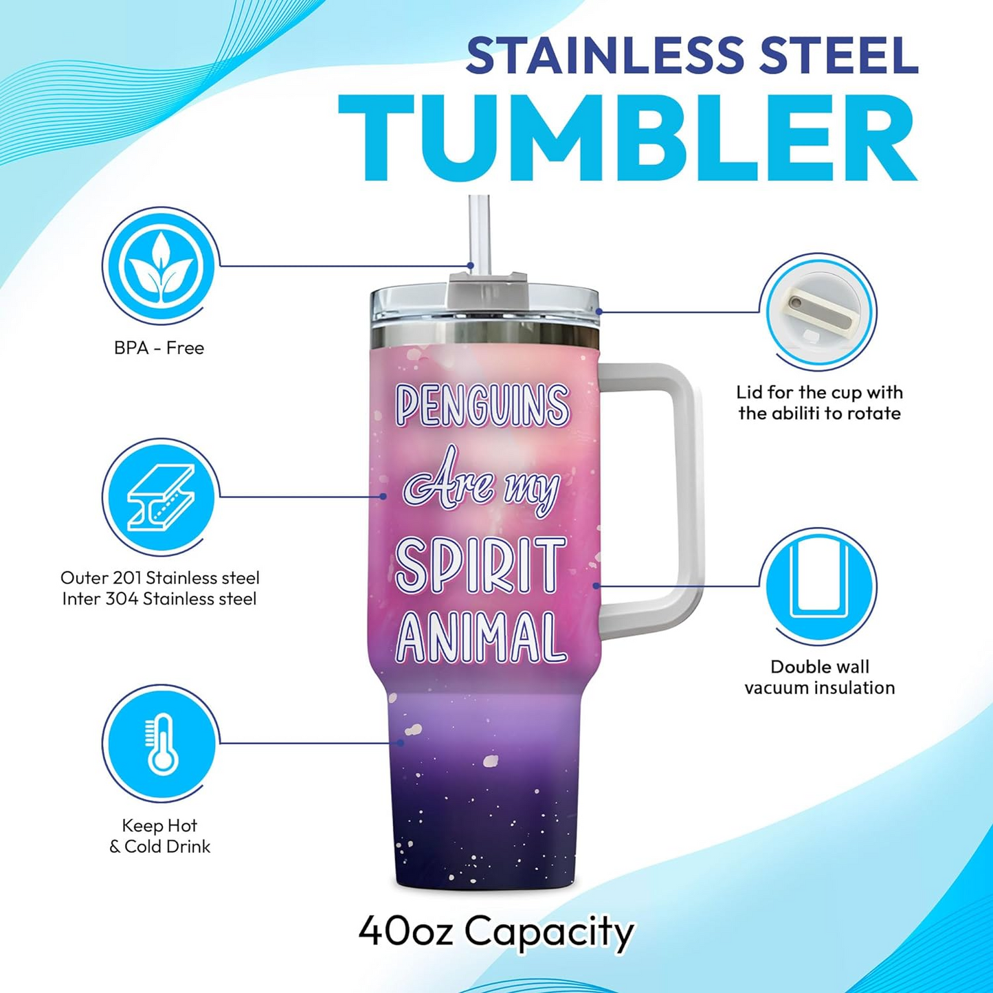 Penguin Lover Tumbler 40oz with Handle & Straw – Personalized Stainless Steel Insulated Travel Cup with Lid – Cute Birthday & Christmas Gift for Animal Lovers