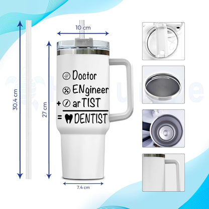 Funny Dentist Tumbler 40oz with Handle & Straw – Personalized Stainless Steel Travel Cup with Lid – Creative Gift for Dental Professionals