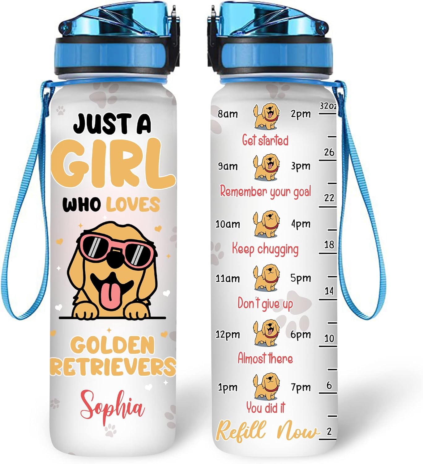 Golden Retriever Lovers Water Bottle Tracker 32oz Personalized – Cute Dog Motivational Bottle with Time Marker – Unique Gift for Pet Owners