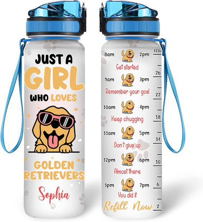 Golden Retriever Lovers Water Bottle Tracker 32oz Personalized – Cute Dog Motivational Bottle with Time Marker – Unique Gift for Pet Owners
