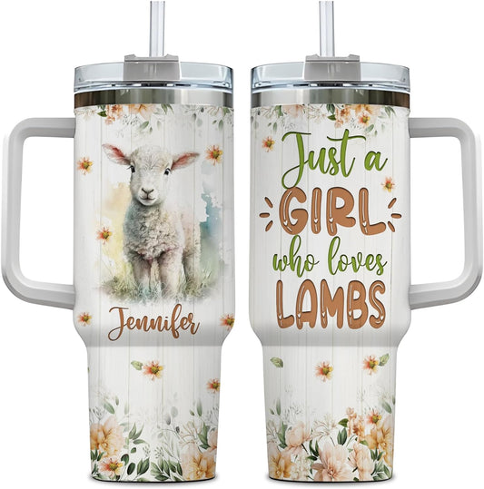 Lamb Pastel Floral Tumbler 40oz – Personalized Stainless Steel Insulated Cup with Handle & Straw – Sweet Gift for Lamb Lovers