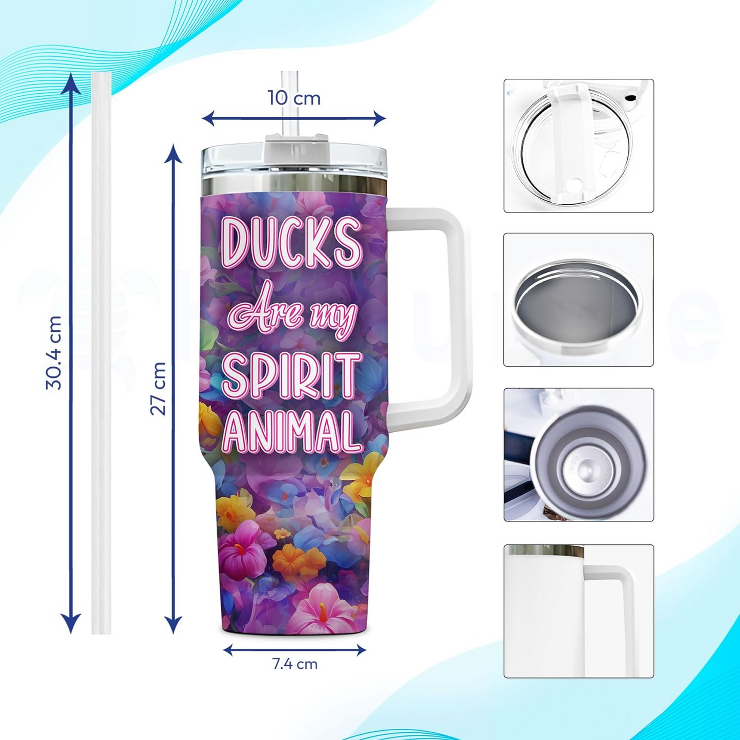 Duck Lover Tumbler 40oz with Handle & Straw – Personalized Stainless Steel Insulated Travel Cup with Lid – Cute Farm Animal Gift for Birthday & Holidays