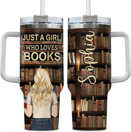 Book Lover Library Tumbler 40oz with Handle & Straw – Personalized Stainless Steel Insulated Travel Cup with Lid – Creative Gift for Readers