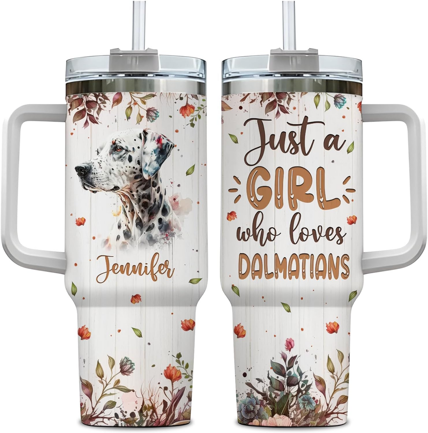 Dalmatian Dog Lover Tumbler 40oz – Personalized Stainless Steel Travel Cup with Handle & Straw, Watercolor Floral Design – Stylish Gift for Women & Girls