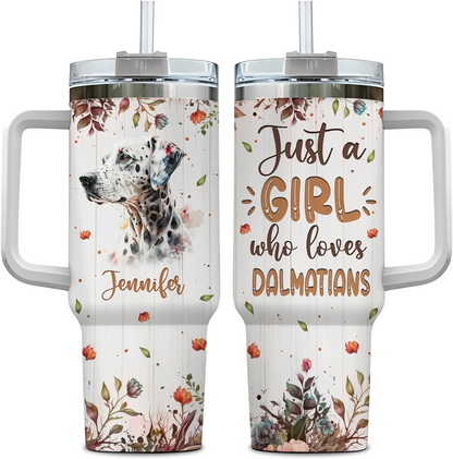 Dalmatian Dog Lover Tumbler 40oz – Personalized Stainless Steel Travel Cup with Handle & Straw, Watercolor Floral Design – Stylish Gift for Women & Girls