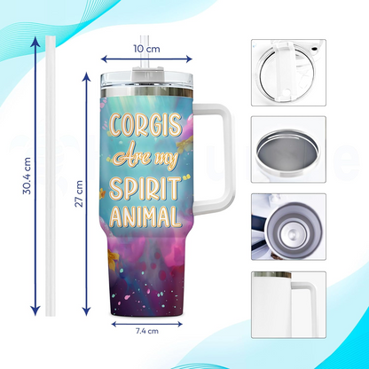 Corgi Spirit Animal Tumbler 40oz – Personalized Stainless Steel Insulated Cup with Handle & Straw – Cute Gift for Dog Lovers