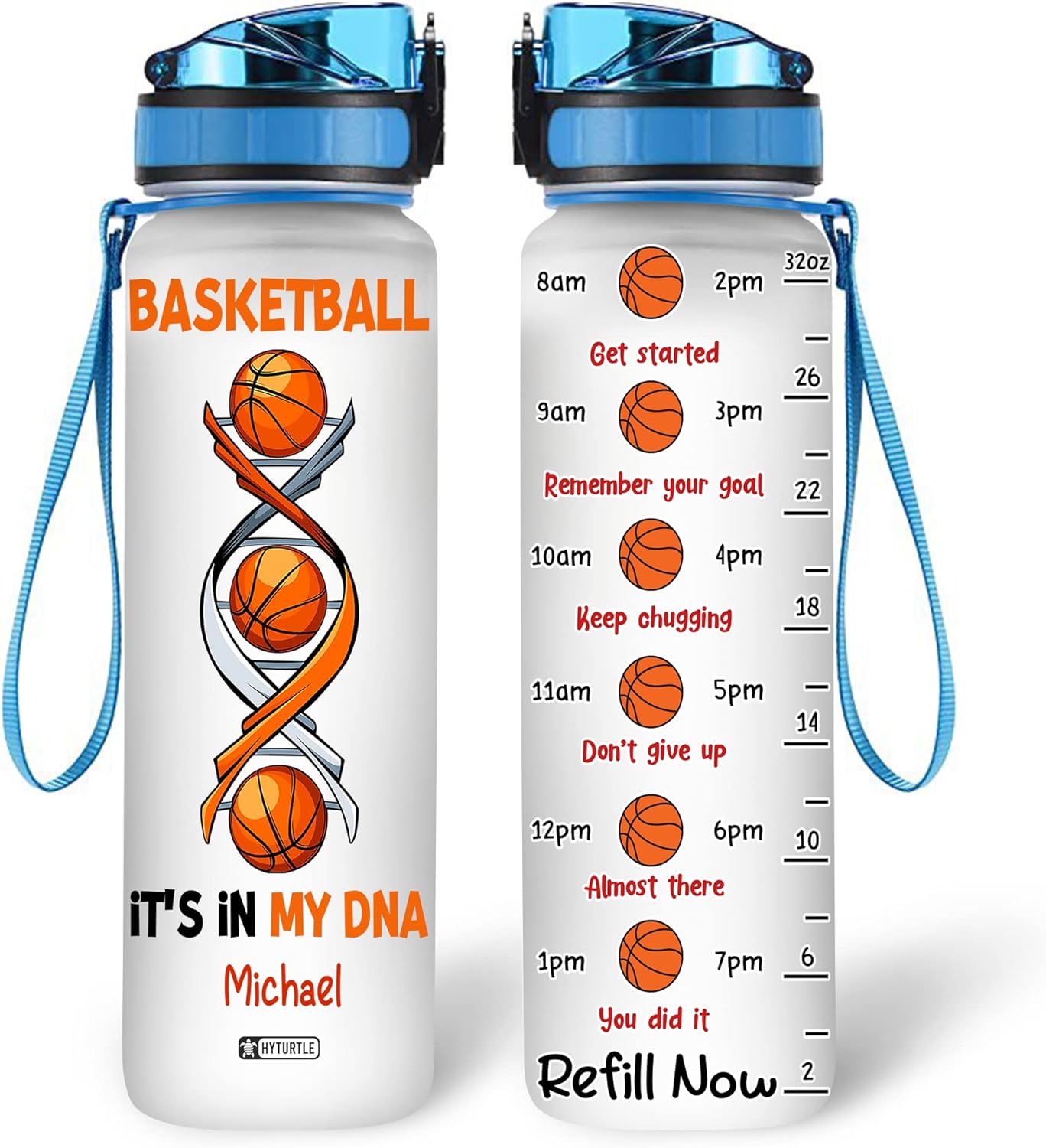 Basketball DNA Water Bottle Tracker 32oz – Personalized Motivational Sports Bottle with Time Marker – Gift for Basketball Lovers
