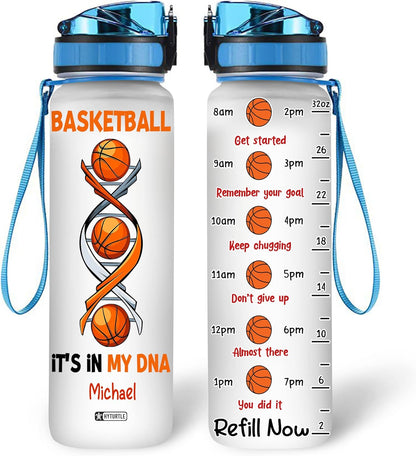 Basketball DNA Water Bottle Tracker 32oz – Personalized Motivational Sports Bottle with Time Marker – Gift for Basketball Lovers