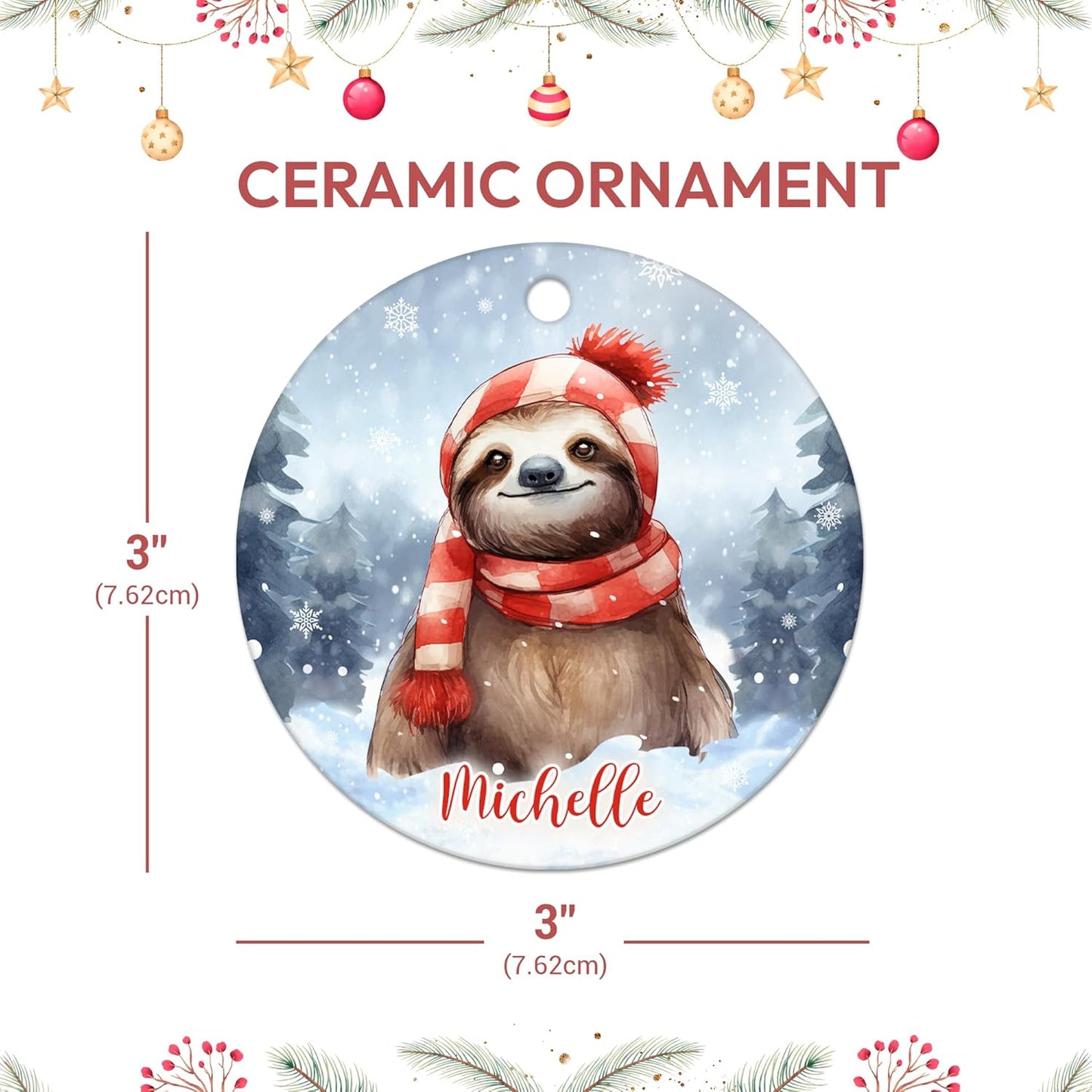 Snowy Sloth Scarf Ceramic Ornament – Personalized Name, Custom Christmas or Birthday Gift for Sloth Lover, Women and Teens
