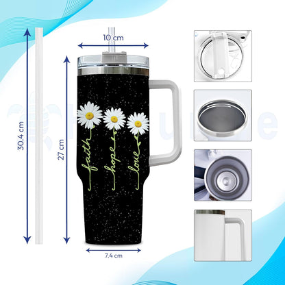 Daisy Flower Tumbler 40oz with Handle & Straw – Personalized Stainless Steel Insulated Travel Cup with Lid – Stylish Floral Gift for Women