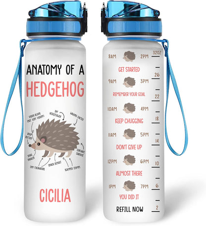 Hedgehog “Anatomy of a Hedgehog” Water Bottle Tracker 32oz – Personalized Motivational Bottle with Time Marker – Educational Gift for Hedgehog Lovers