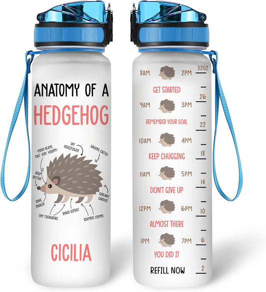 Hedgehog “Anatomy of a Hedgehog” Water Bottle Tracker 32oz – Personalized Motivational Bottle with Time Marker – Educational Gift for Hedgehog Lovers