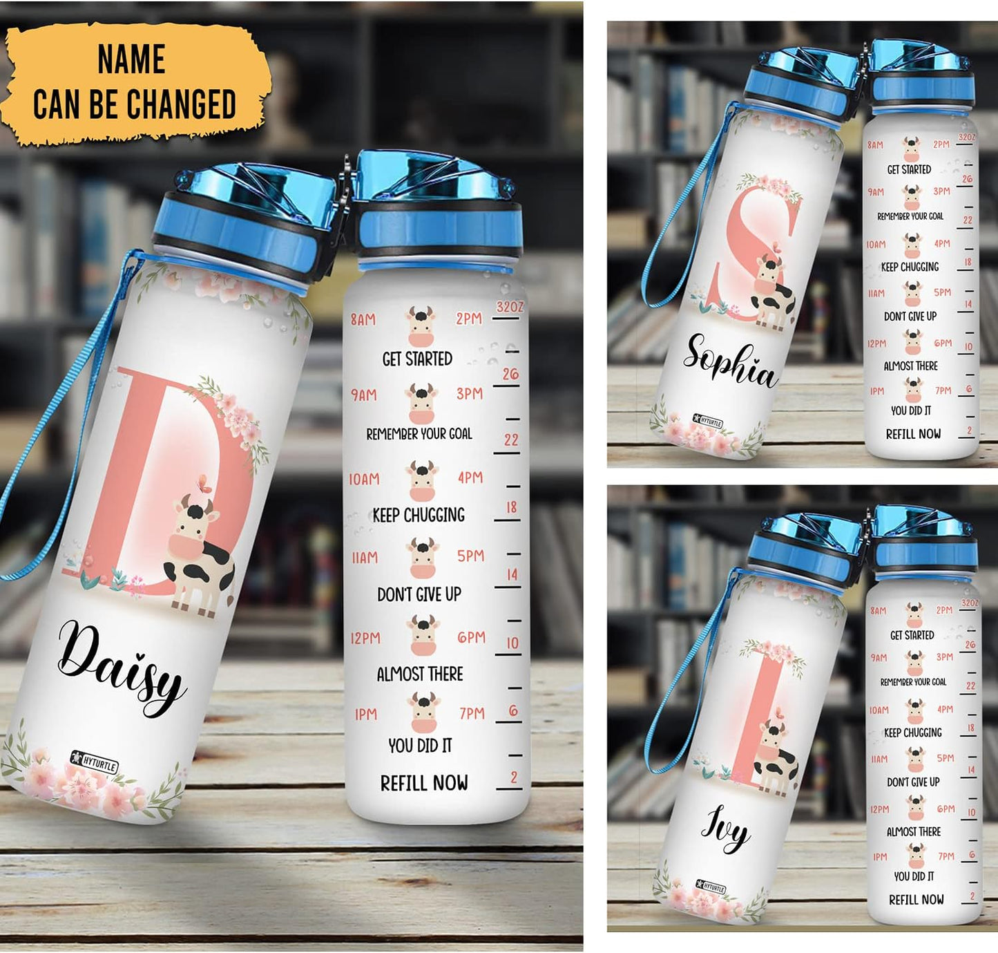 Cute Cow Floral Pattern - Personalized Water Tracker Bottle 32oz