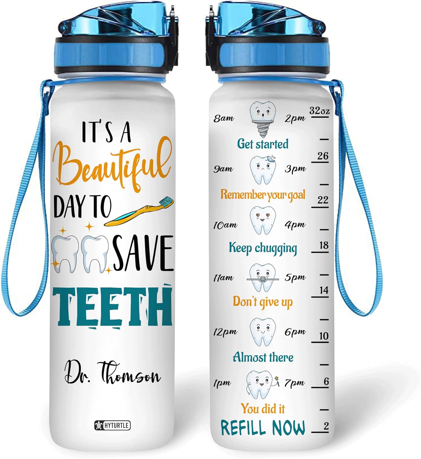 Save Teeth Water Bottle Tracker 32oz – Personalized Dentist Hygienist Hydration Bottle with Time Marker – Unique Gift for Women