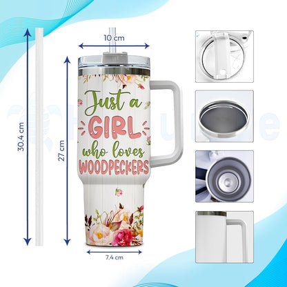 Woodpecker Lover Tumbler 40oz with Handle & Straw – Personalized Stainless Steel Travel Cup with Lid – Creative Gift for Bird Enthusiasts