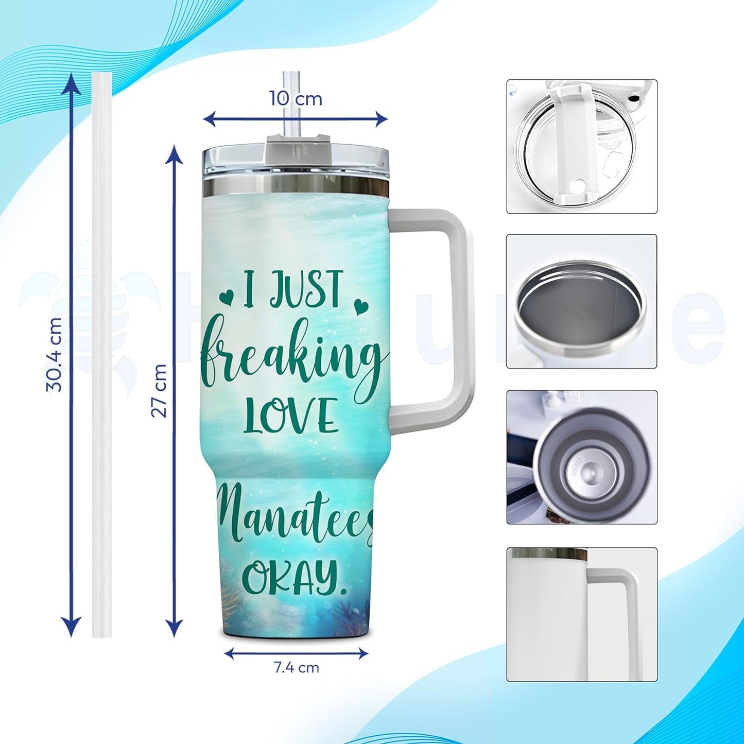 Manatee Lover Tumbler 40oz – Personalized Stainless Steel Insulated Travel Cup with Handle & Straw, Leak-Proof Lid – Unique Sea Animal Gift for Ocean Lovers