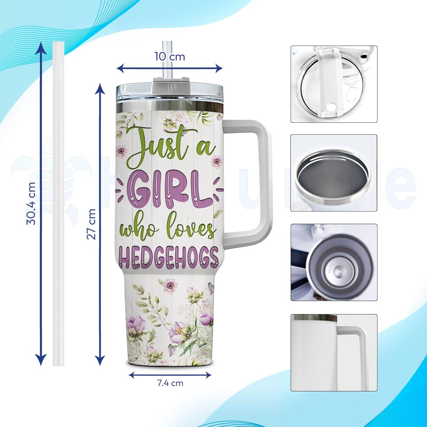 Hedgehog Floral 40oz Tumbler with Handle & Straw – Personalized Stainless Steel Insulated Travel Cup with Lid – Unique Gift for Animal Lovers