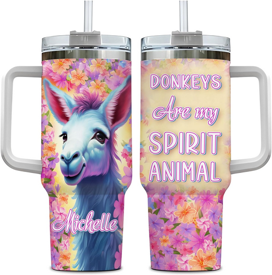Donkey Tumbler 40oz with Handle & Straw – Personalized Stainless Steel Cup with Lid – Cute Farm Animal Gift for Women & Kids