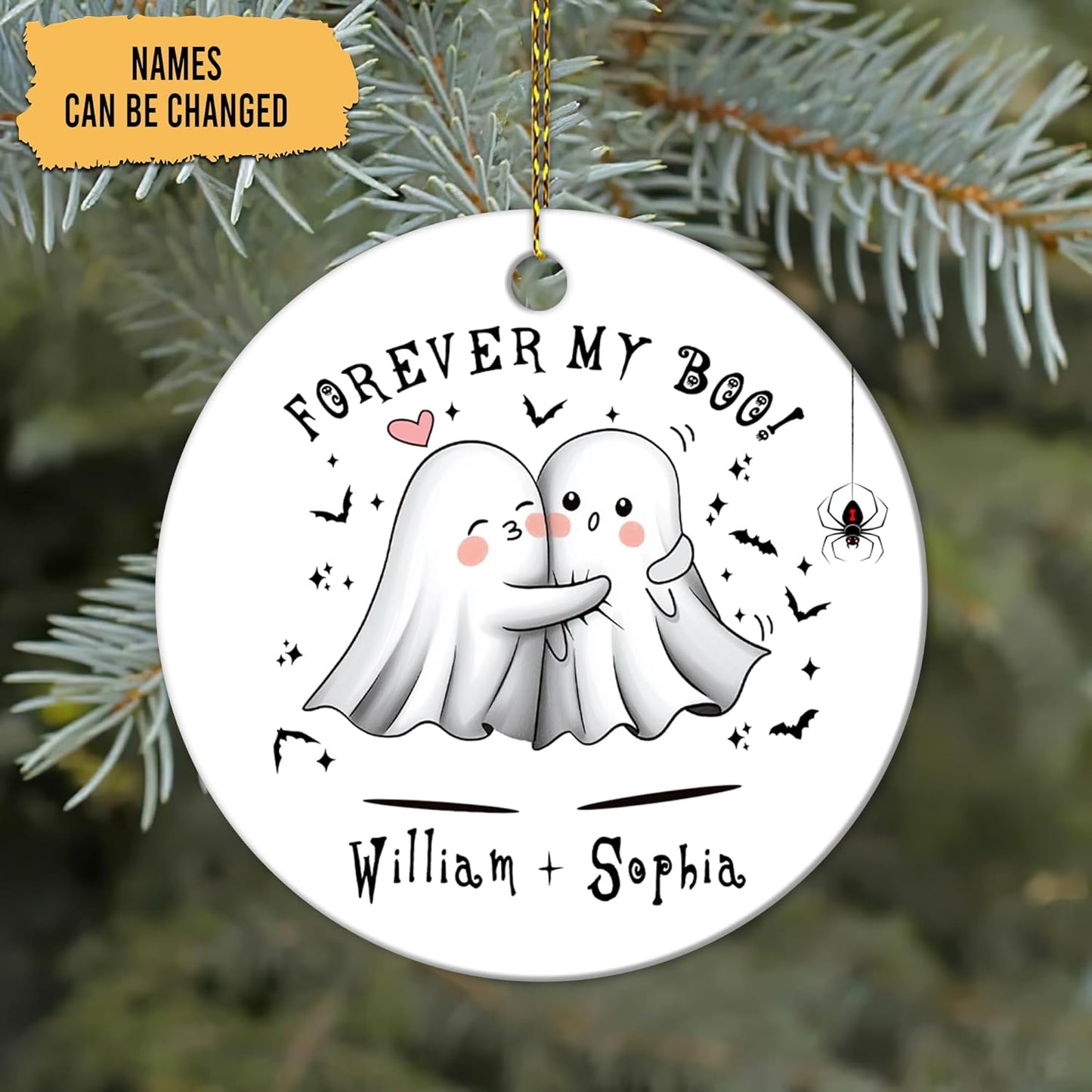 Cute Ghost Couple Ceramic Circle Ornament – Personalized Halloween or Anniversary Gift for Couples, Newlyweds or Goth-Loving Sweethearts