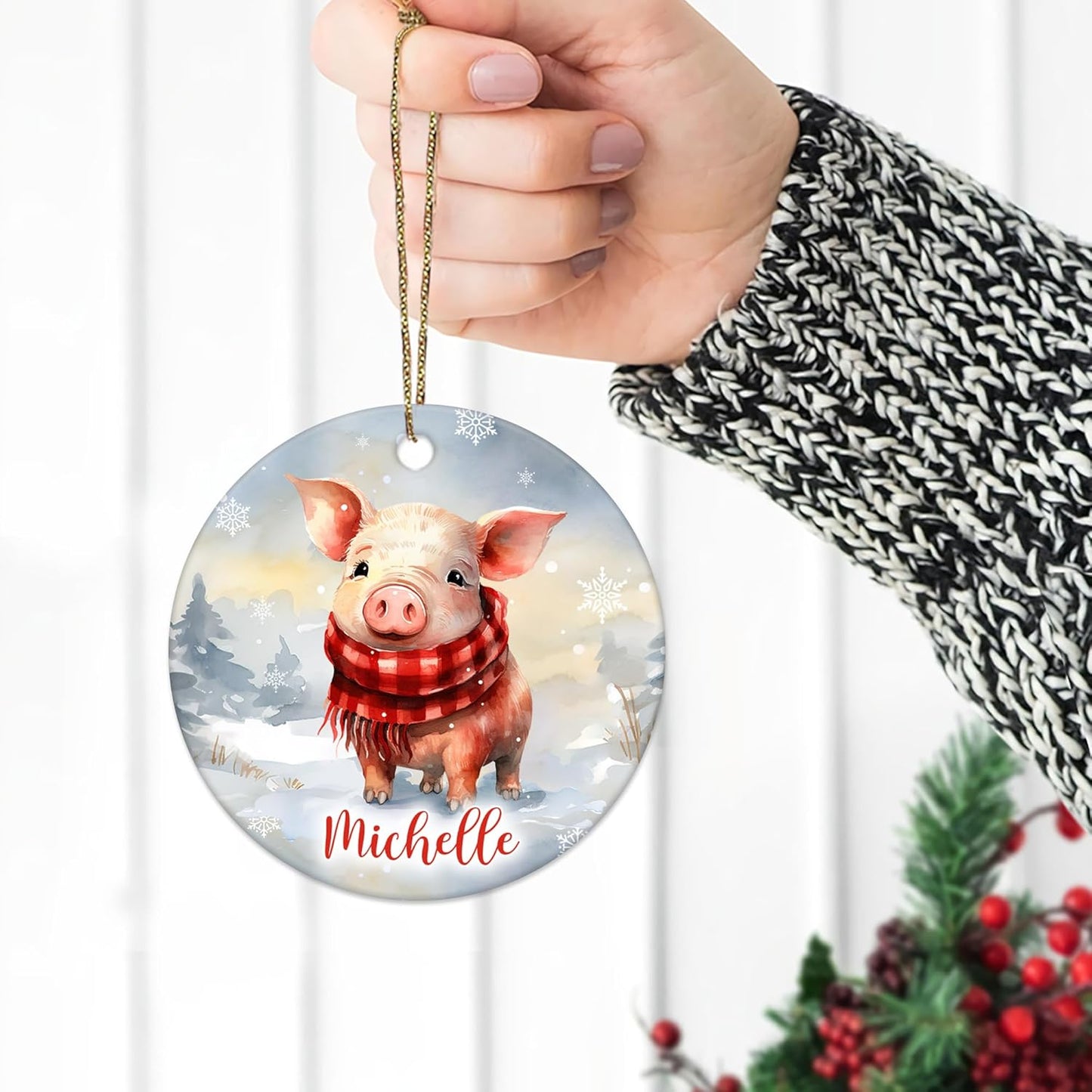 Cute Pig Winter Ceramic Ornament – Personalized Christmas Gift for Animal Lover, Farmer or Country Decor Fan