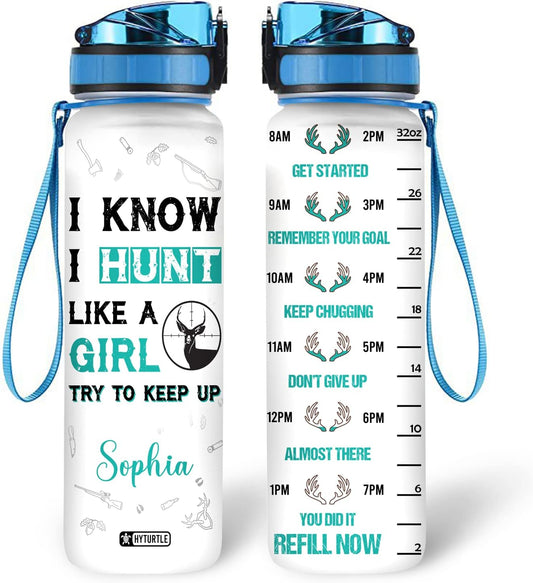 Hunting Deer Theme Water Bottle Tracker 32oz – Personalized Hydration Bottle with Time Marker – Gift for Hunt Lovers