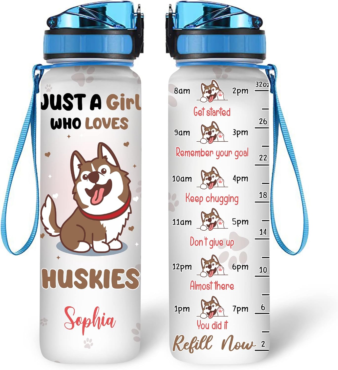 Just a Girl Who Loves Huskies Water Bottle Tracker 32oz – Personalized Motivational Water Bottle – Cute Gift for Dog Lovers