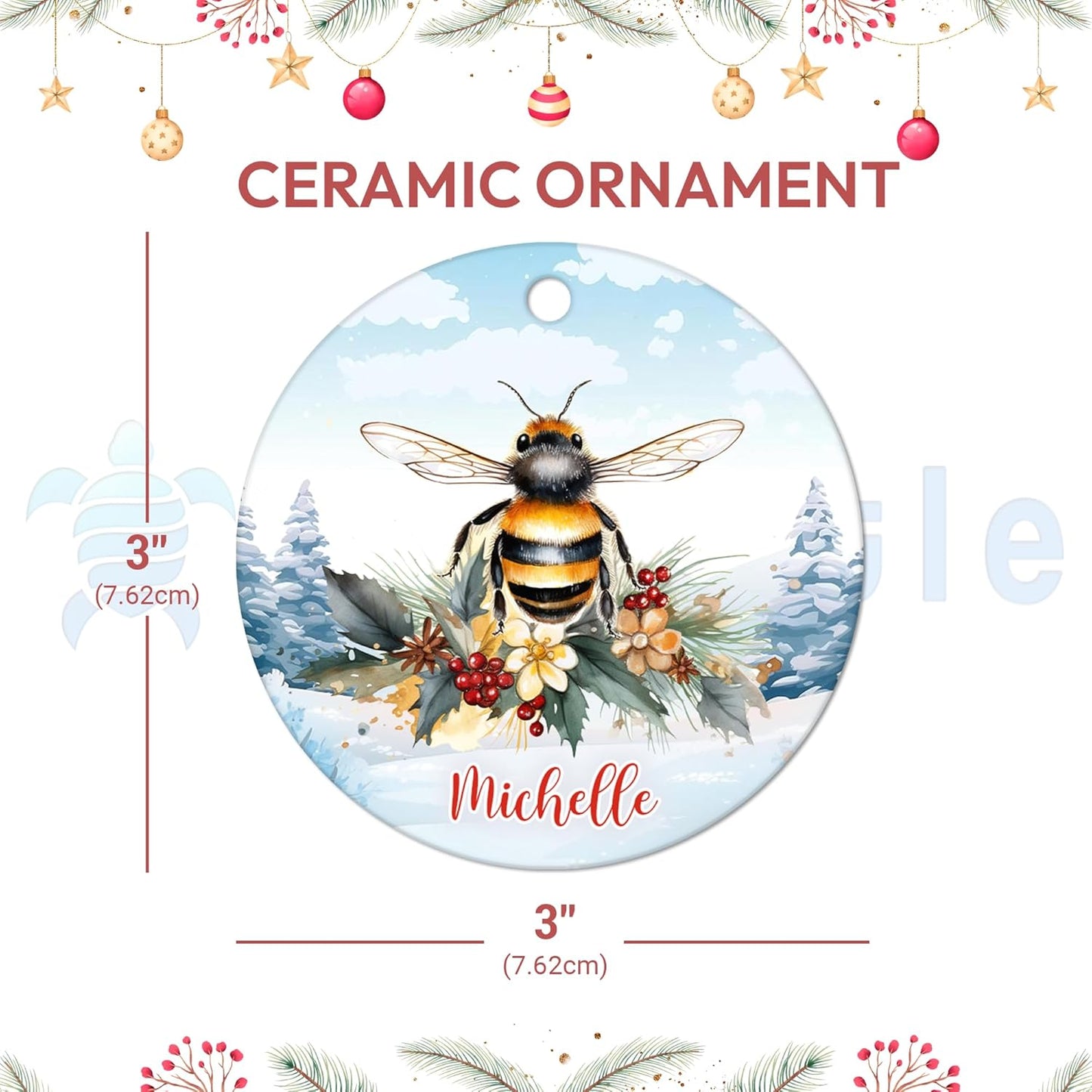 Bee Winter Illustration Ceramic Ornament – Personalized Christmas Gift for Nature Lover, Gardener or Beekeeper