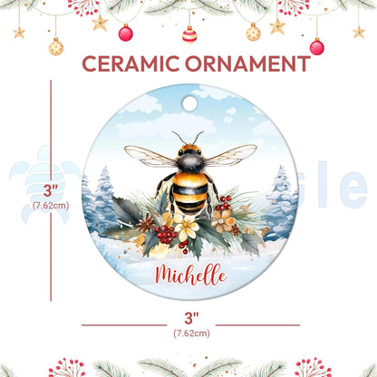 Bee Winter Illustration Ceramic Ornament – Personalized Christmas Gift for Nature Lover, Gardener or Beekeeper