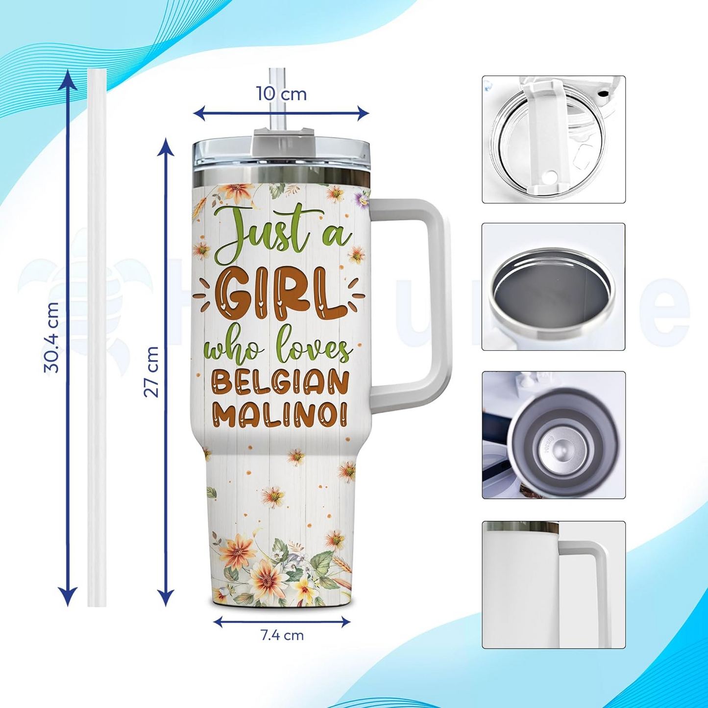 Belgian Malinois Lover Tumbler 40oz with Handle & Straw – Personalized Stainless Steel Insulated Cup with Lid – Gift for Dog Lovers