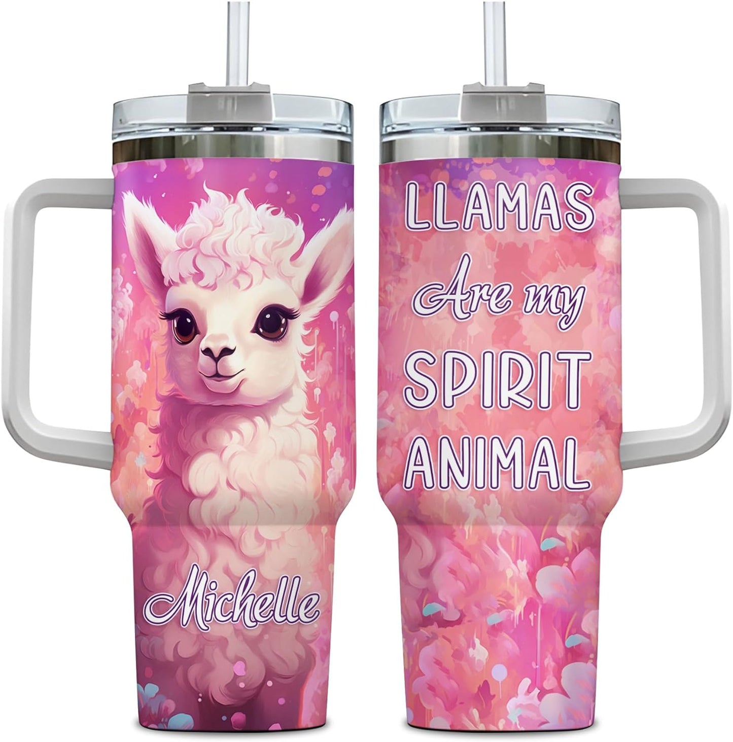 Llama Lover Tumbler 40oz with Handle & Straw – Personalized Stainless Steel Insulated Cup with Lid – Unique Birthday & Christmas Gift for Animal Lovers