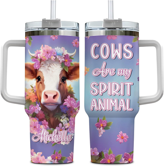 Cow Lover Tumbler 40oz with Handle & Straw – Personalized Stainless Steel Insulated Travel Cup with Lid – Cute Birthday Gift for Farm Animal Lovers