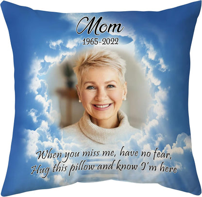 Personalized Memorial Pillow with Insert – Hug Me Custom Photo Cushion – Remembrance Gift for Loss of Loved One in Heaven