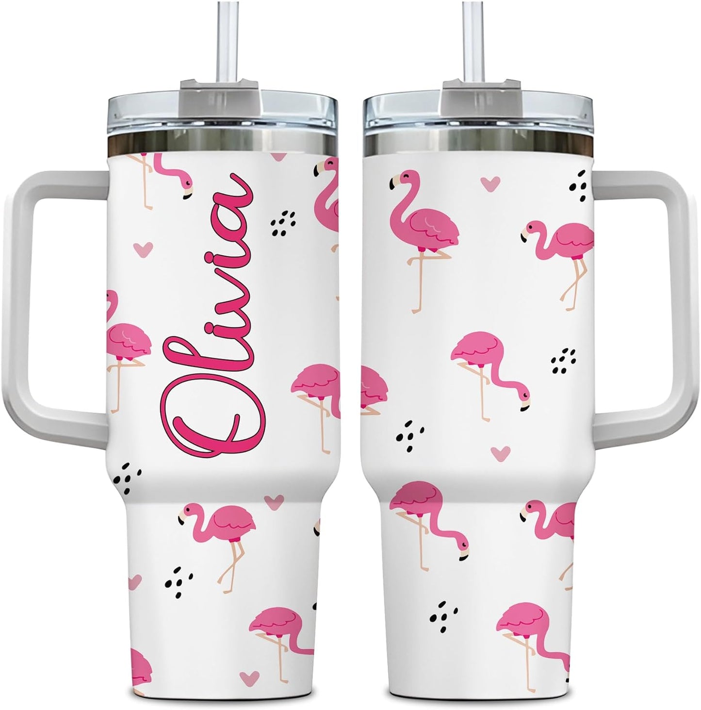 Pink Flamingo Tumbler 40oz with Handle & Straw – Personalized Stainless Steel Insulated Cup with Lid – Stylish Gift for Flamingo Lovers