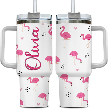 Pink Flamingo Tumbler 40oz with Handle & Straw – Personalized Stainless Steel Insulated Cup with Lid – Stylish Gift for Flamingo Lovers