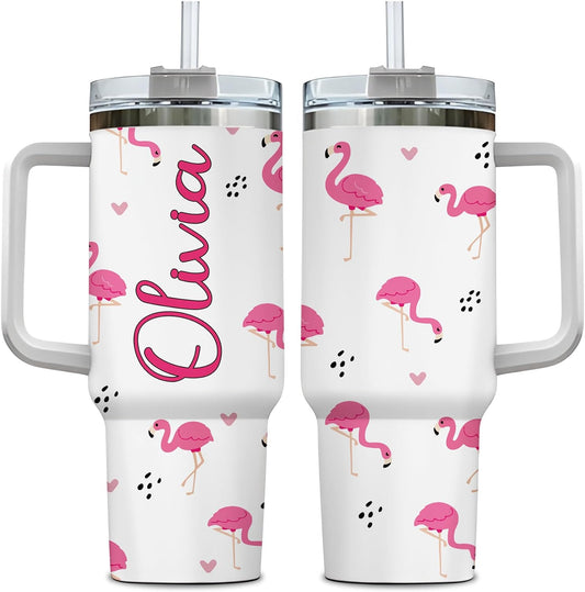 Pink Flamingo Tumbler 40oz with Handle & Straw – Personalized Stainless Steel Insulated Cup with Lid – Stylish Gift for Flamingo Lovers