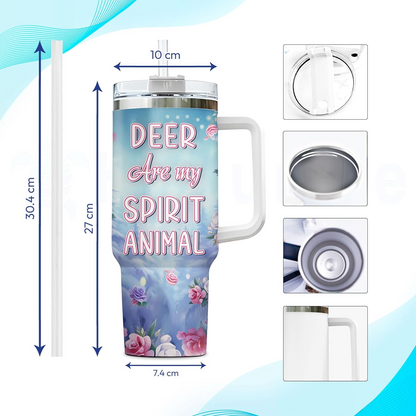 Floral Deer Tumbler 40oz with Handle & Straw – Personalized Stainless Steel Insulated Cup with Lid – Cute Animal Gift for Women & Girls