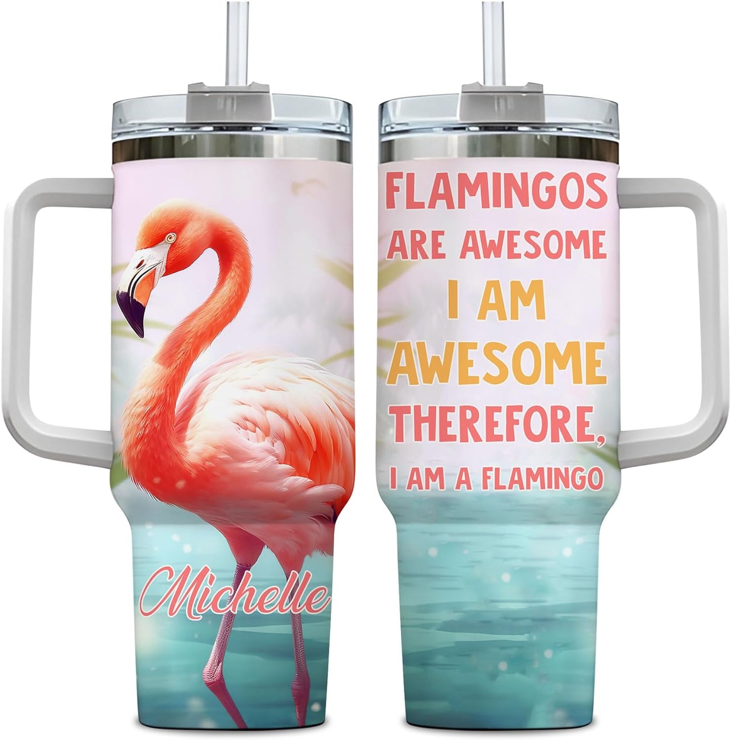 Flamingo Tumbler 40oz with Handle & Straw – Personalized Stainless Steel Insulated Cup with Lid – Stylish Gift for Bird Lovers