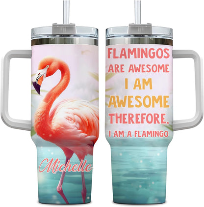 Flamingo Tumbler 40oz with Handle & Straw – Personalized Stainless Steel Insulated Cup with Lid – Stylish Gift for Bird Lovers