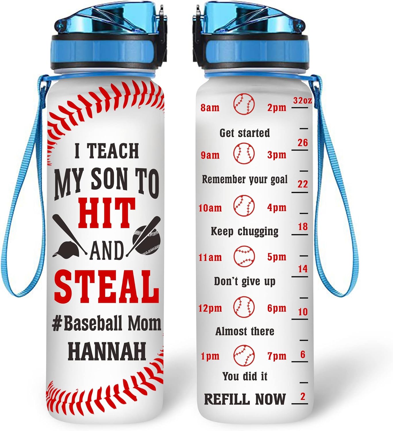 Baseball Mom Water Bottle Tracker 32oz – Personalized Sports Hydration Bottle with Time Marker – Gift for Baseball Moms