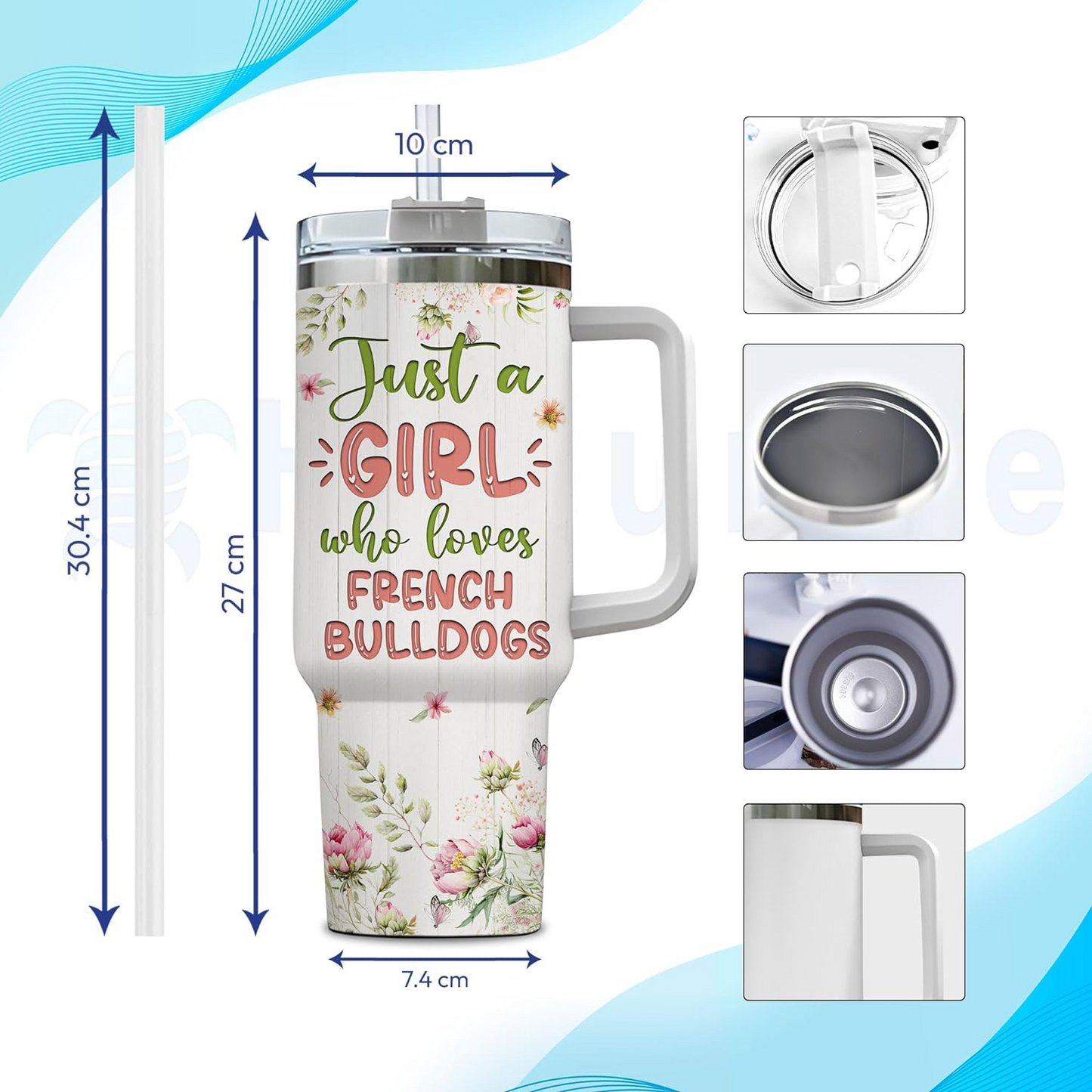 French Bulldog Lover Tumbler 40oz – Personalized Stainless Steel Insulated Cup with Handle & Straw, Pastel Floral Dog Design – Creative Gift for Women & Girls
