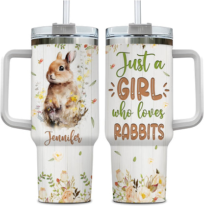 Watercolor Rabbit 40oz Tumbler with Handle & Straw – Personalized Stainless Steel Insulated Travel Cup with Lid – Cute Gift for Animal Lovers