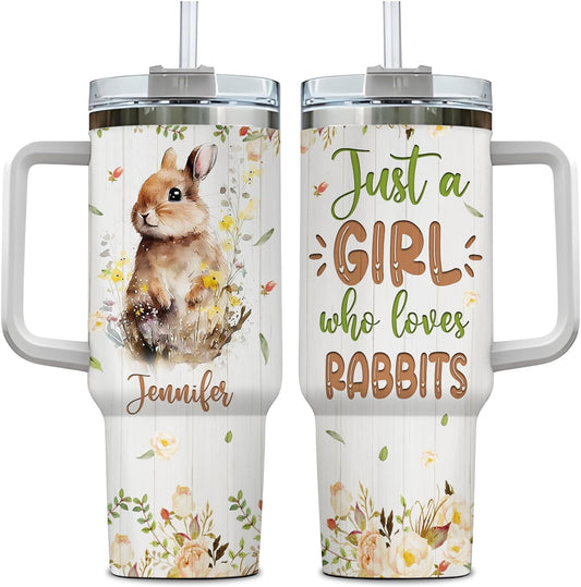 Watercolor Rabbit 40oz Tumbler with Handle & Straw – Personalized Stainless Steel Insulated Travel Cup with Lid – Cute Gift for Animal Lovers
