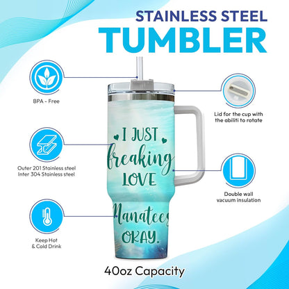 Manatee Lover Tumbler 40oz – Personalized Stainless Steel Insulated Travel Cup with Handle & Straw, Leak-Proof Lid – Unique Sea Animal Gift for Ocean Lovers