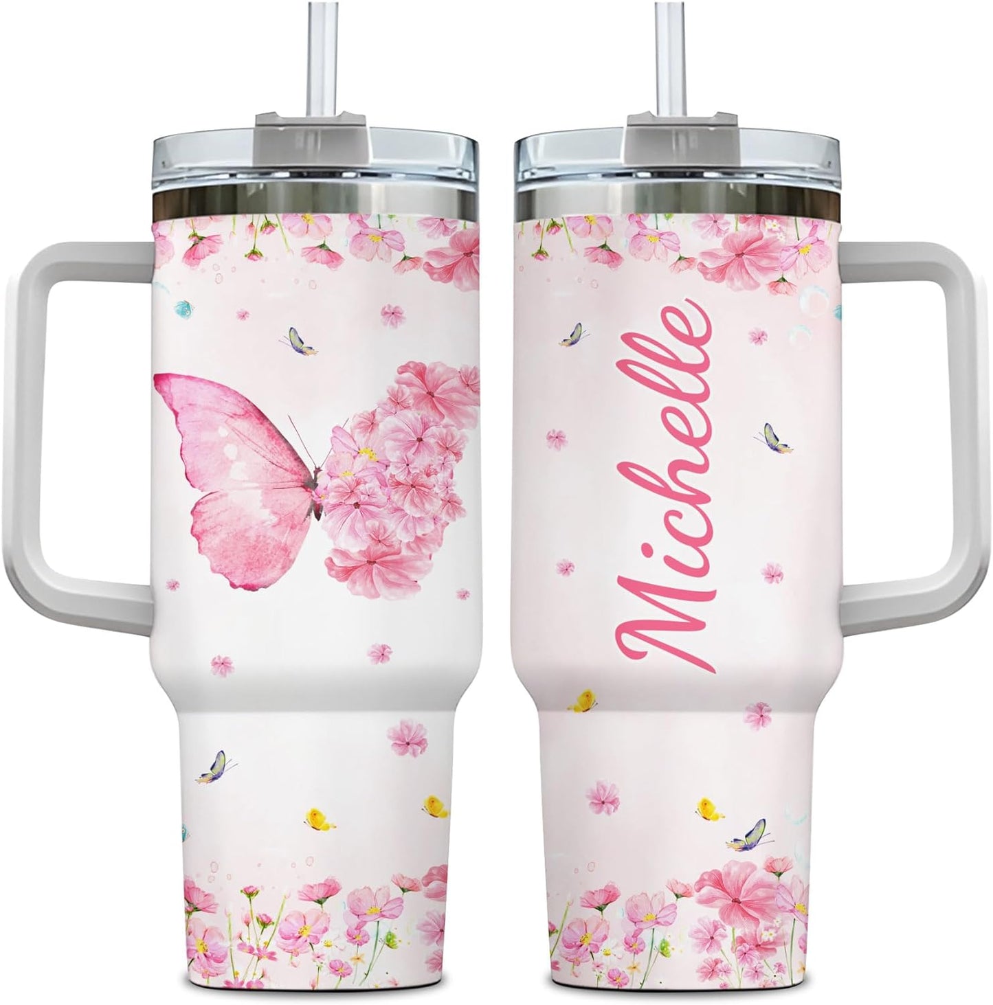 Pink Butterfly Floral Tumbler 40oz – Personalized Stainless Steel Insulated Cup with Handle & Straw – Unique Gift for Butterfly Lovers