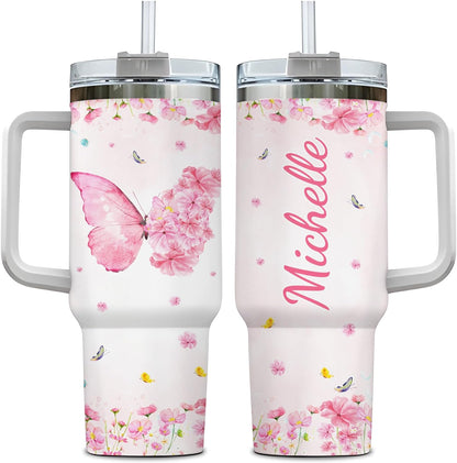 Pink Butterfly Floral Tumbler 40oz – Personalized Stainless Steel Insulated Cup with Handle & Straw – Unique Gift for Butterfly Lovers
