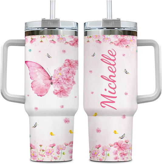 Pink Butterfly Floral Tumbler 40oz – Personalized Stainless Steel Insulated Cup with Handle & Straw – Unique Gift for Butterfly Lovers