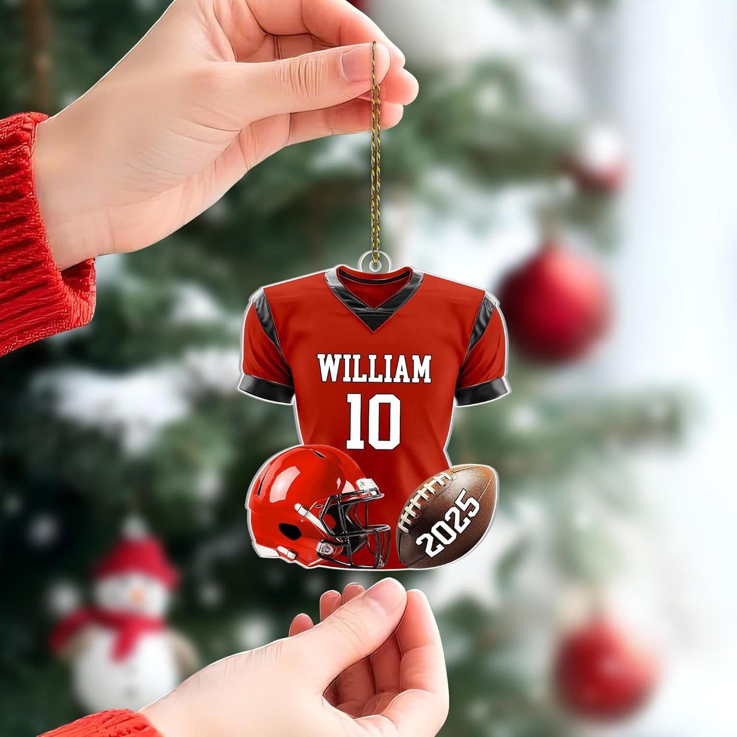 Football jersey and helmet cut acrylic ornament – personalized 2D flat silhouette, custom name holiday gift for player, coach, fan or team banquet