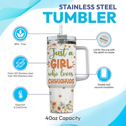 Chihuahua Lover Tumbler 40oz with Handle & Straw – Personalized Stainless Steel Insulated Mug with Lid – Cute Gift for Dog Moms