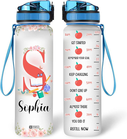 Teacher Floral Pattern - Personalized Water Tracker Bottle 32oz