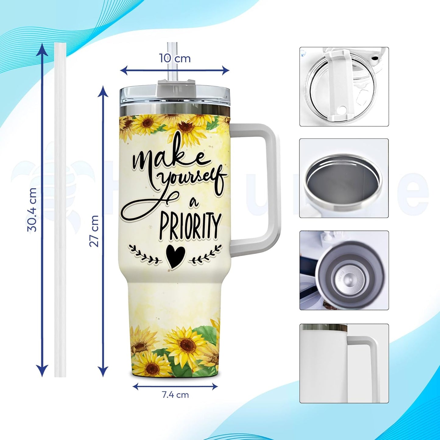 Cute Sloth & Sunflower Tumbler 40oz with Handle & Straw – Personalized Stainless Steel Insulated Travel Cup with Lid – Adorable Gift for Sloth Lovers